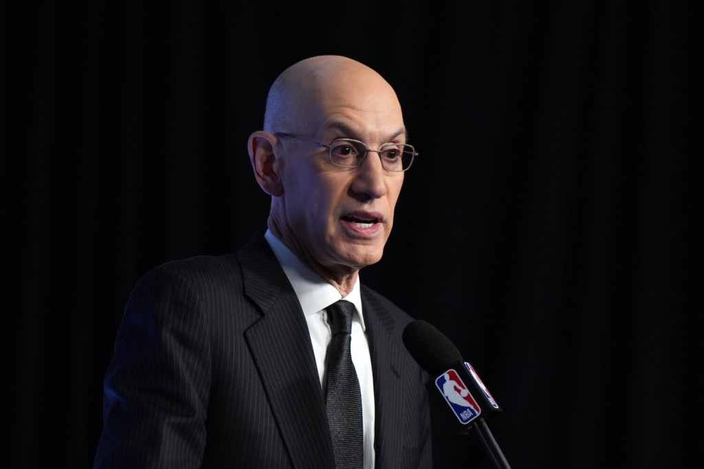 NBA commissioner Adam Silver speaking at a press conference during the 2023 All Star Saturday Night