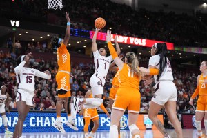 Mar 5, 2023; Greenville, SC, USA; South Carolina Gamecocks guard Zia Cooke (1) between Tennessee Lady Vols forward Karoline Striplin (11) and Tennessee Lady Vols guard Jordan Horston (25) in the first half at Bon Secours Wellness Arena.