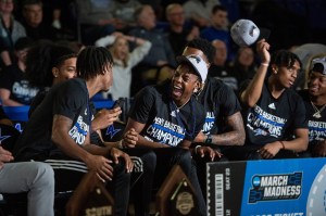The UNCA Bulldogs gathered with fans to watch the March Madness selections show at Kimmel Arena