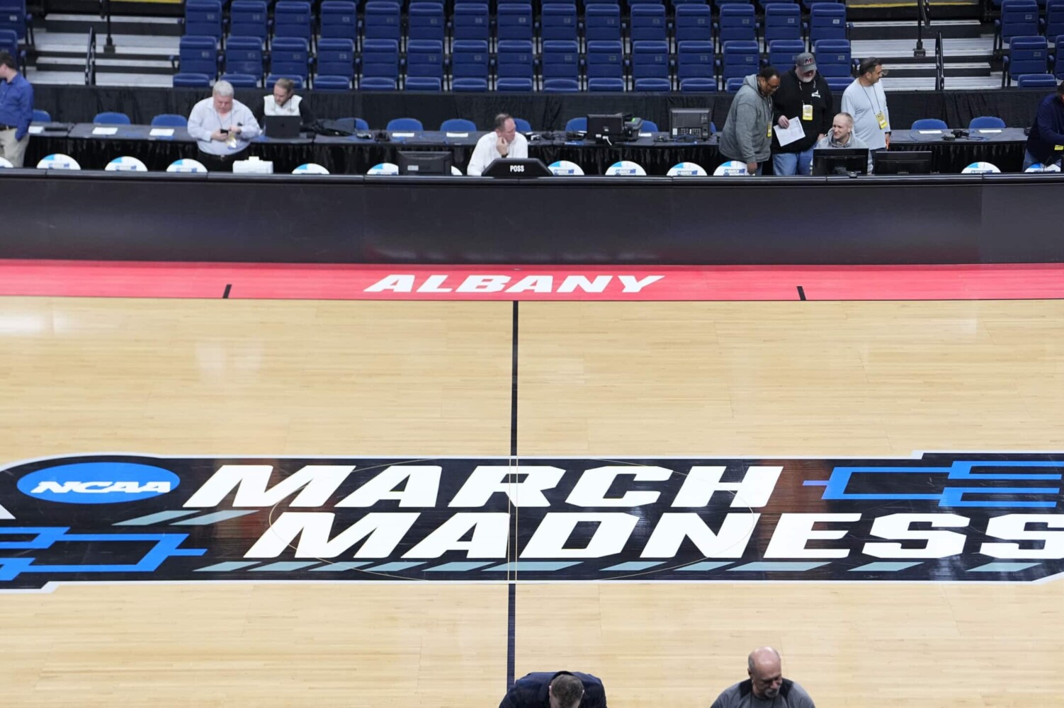 General view of signage of the NCAA Tournament March Madness in Albany.