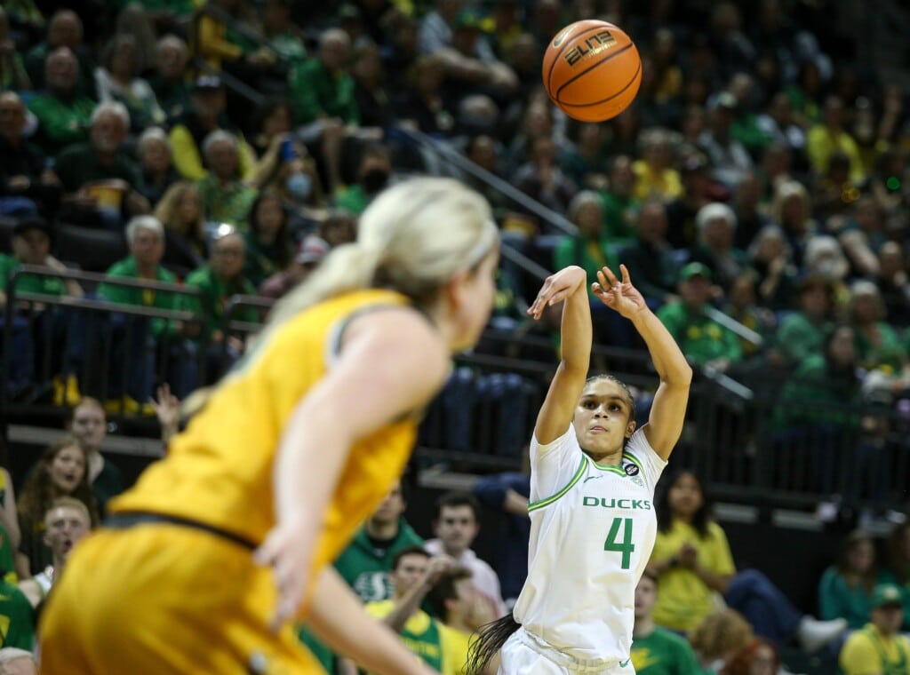 Oregon guard Endyia Rogers puts up a shot as the Oregon Ducks take on North Dakota State in their WNIT opener Wednesday, Mach 15, 2023, at Matthew Knight Arena in Eugene, Ore.