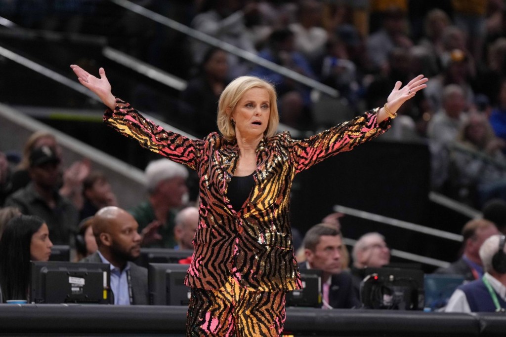 LSU Lady Tigers head coach Kim Mulkey reacts against the Iowa Hawkeyes during the NCAA Womens Basketball Final Four National Championship at American Airlines Center.