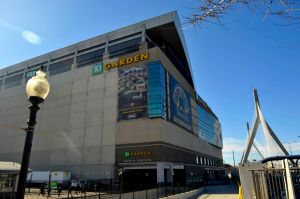 A general view outside of the TD Garden in Boston with the Zakim Bridge in the background.