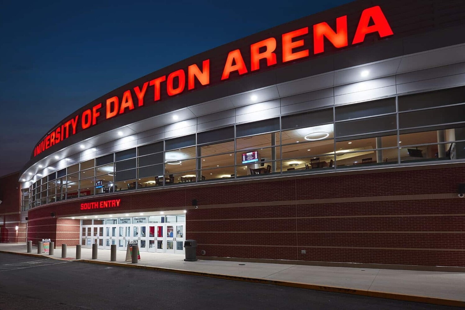 A view of the outside of University of Dayton Arena at night.