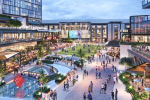 A rendering of The Gathering at South Forsyth in the Atlanta area, with a proposed $1 billion arena in the background.