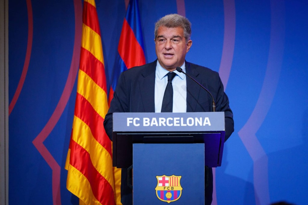 FC Barcelona president Joan Laporta speaks at a presentation.