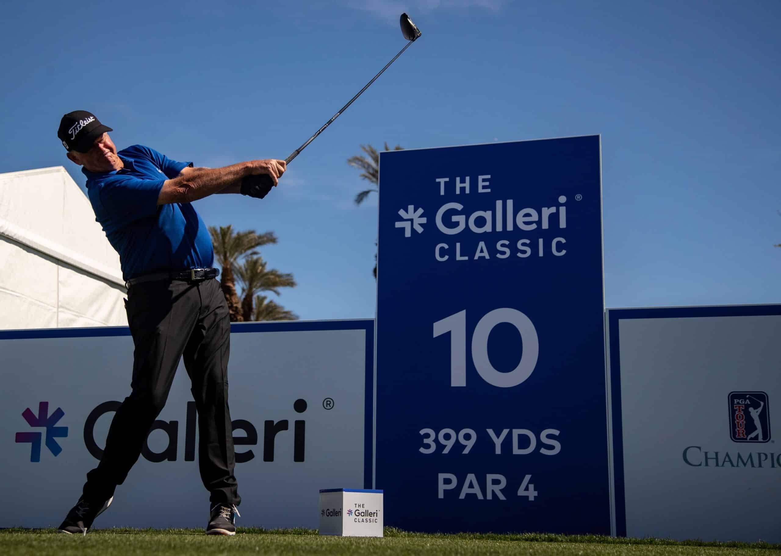 Sandy Lyle tees off on 10 to start the final round of the Galleri Classic in Rancho Mirage, Calif., Sunday, March 26, 2023.