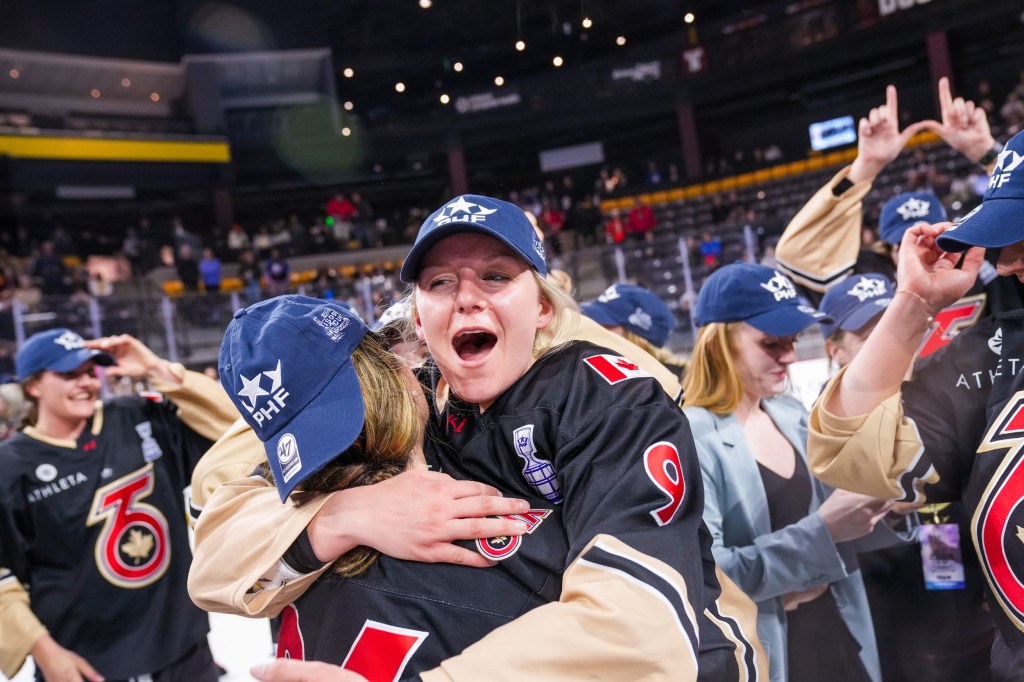 Toronto Six defenseman Kati Tabin (9) celebrates winning the Isobel Cup final against the Minnesota Whitecaps at the Mullett Arena on Sunday, March 26, 2023, in Tempe.
