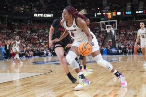 South Carolina Gamecocks forward Aliyah Boston (4) drives to the basket against the Maryland Terrapins during the second half at the NCAA Women's Tournament at Bon Secours Wellness Arena.