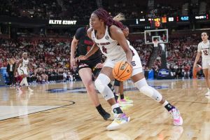 South Carolina Gamecocks forward Aliyah Boston (4) drives to the basket against the Maryland Terrapins during the second half at the NCAA Women's Tournament at Bon Secours Wellness Arena.