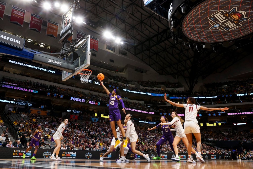 Mar 31, 2023; Dallas, TX, USA; LSU Lady Tigers guard Alexis Morris (45) drives to the basket against the Virginia Tech Hokies in the first half in semifinals of the women's Final Four of the 2023 NCAA Tournament at American Airlines Center.