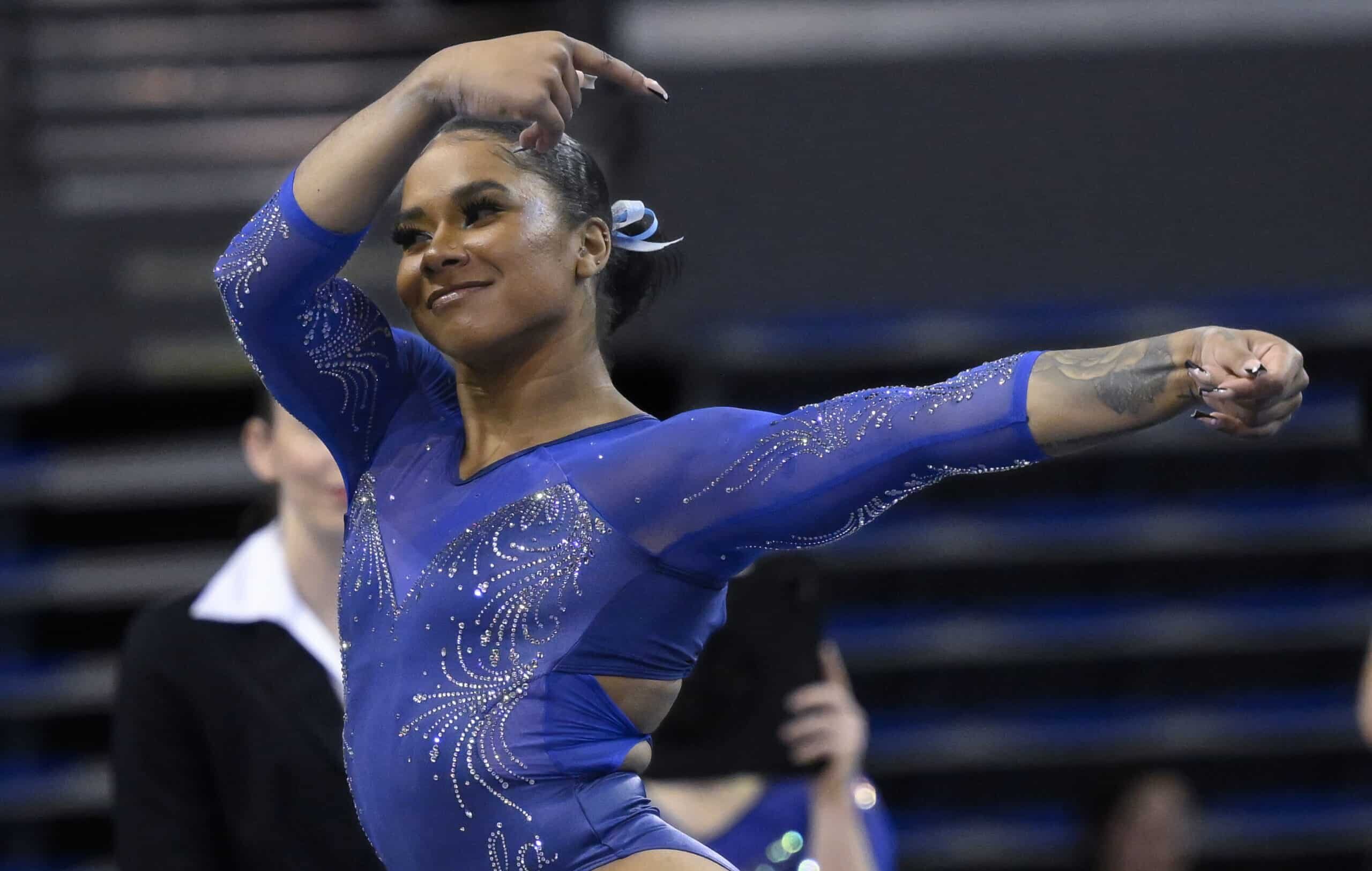 Apr 1, 2023; Los Angeles, CA, USA; UCLA Bruins athlete Jordan Chiles competes during the floor exercise competition at the NCAA Women’s Gymnastics Los Angeles Regional at Pauley Pavilion.