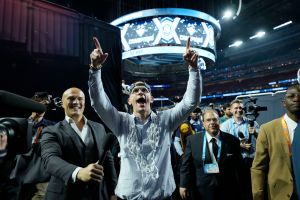 Apr 3, 2023; Houston, TX, USA; Connecticut Huskies head coach Dan Hurley celebrates after walking off the court after defeating the San Diego State Aztecs in the national championship game of the 2023 NCAA Tournament at NRG Stadium.