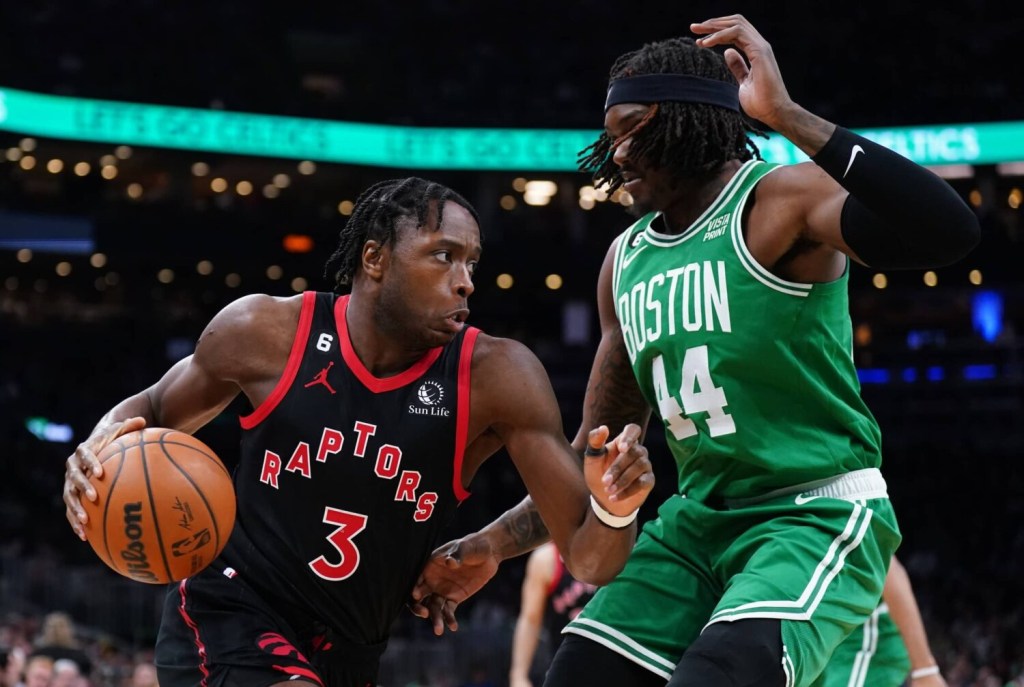 Toronto Raptors forward O.G. Anunoby (3) drives the ball against Boston Celtics center Robert Williams III (44) in the first quarter at TD Garden.