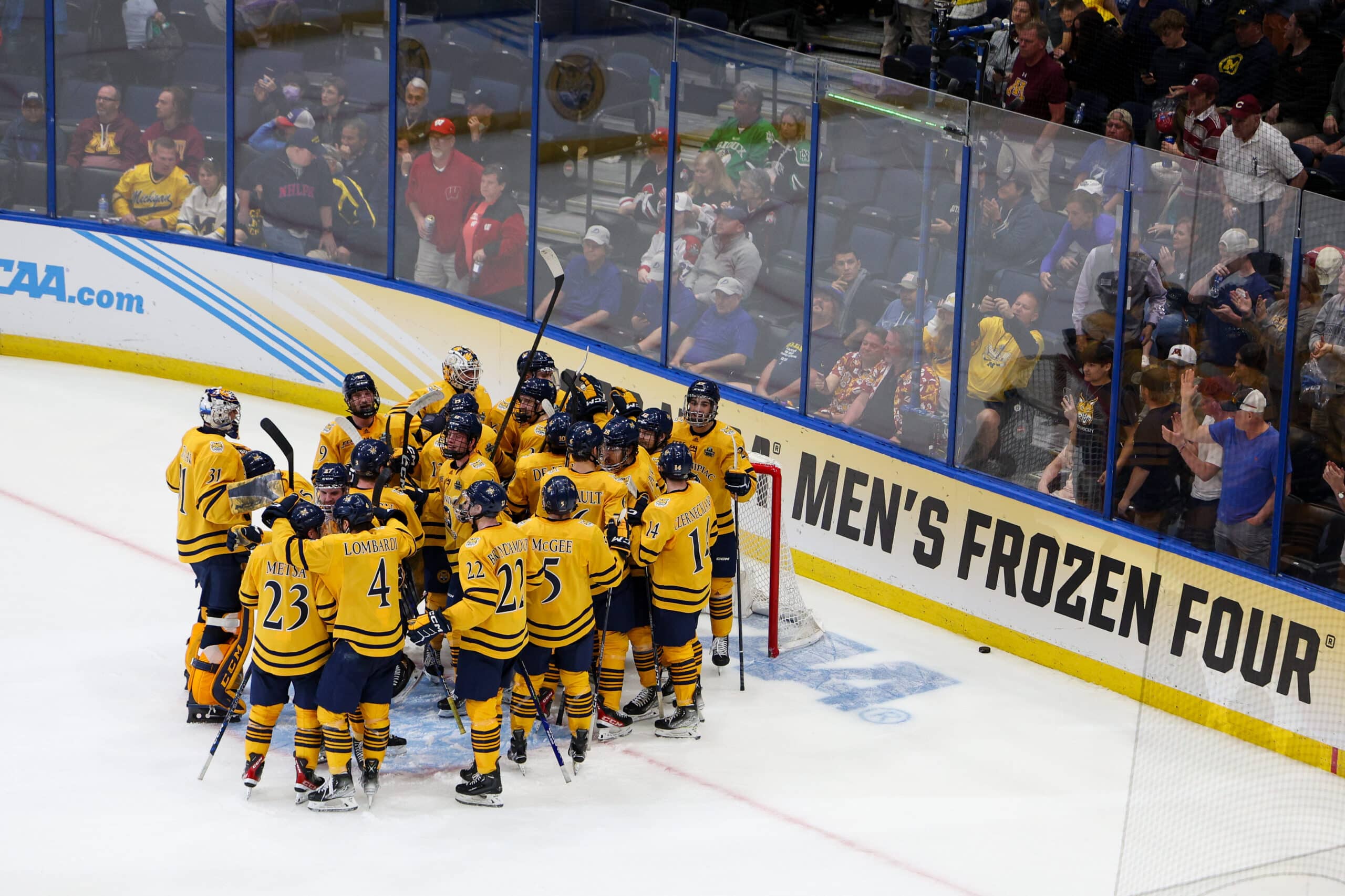 Apr 6, 2023; Tampa, Florida, USA; Quinnipiac celebrates after beating Michigan in the semifinals of the 2023 Frozen Four college ice hockey tournament at Amalie Arena.