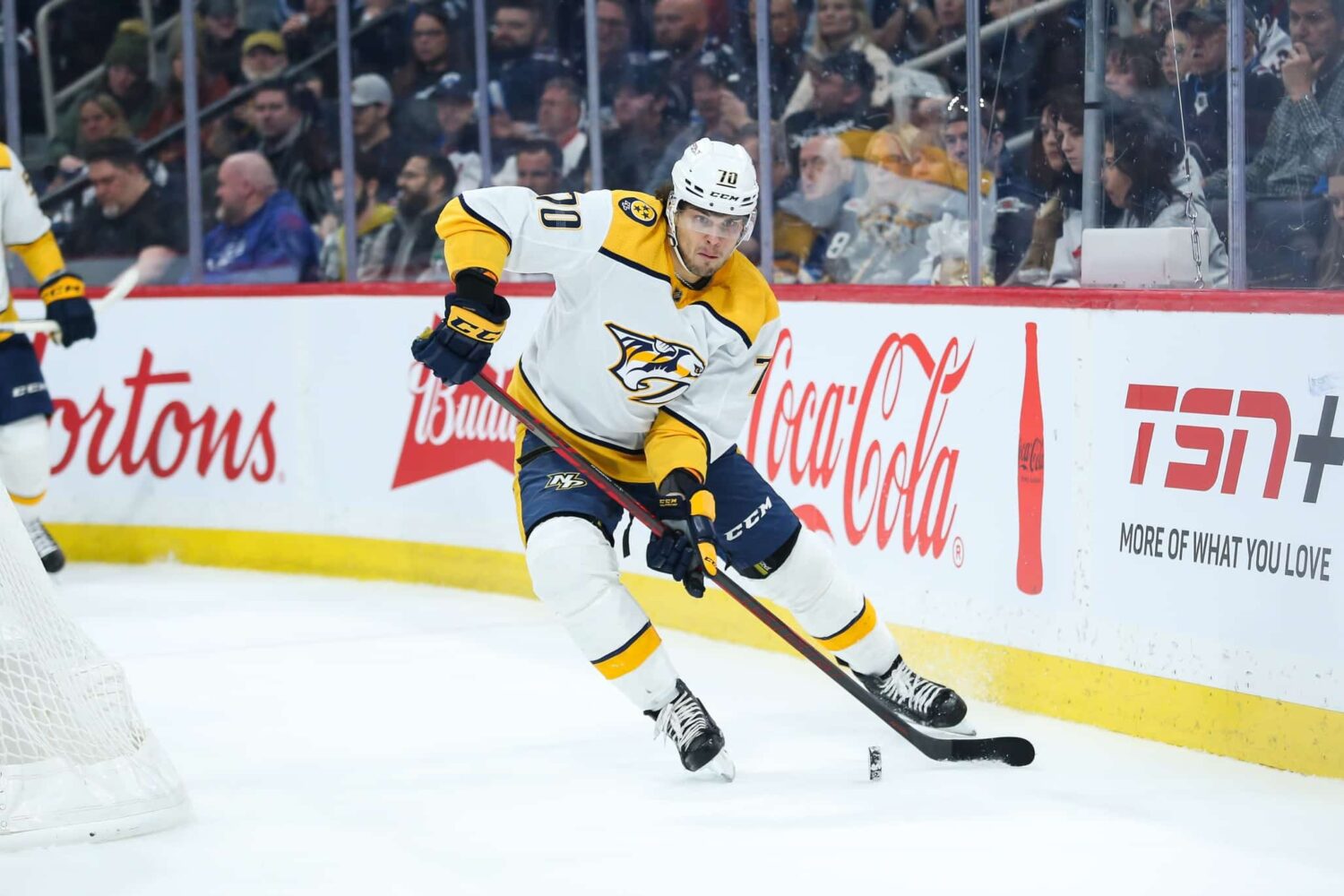 Nashville Predators forward Egor Afanasyev (70) looks to make a pass against the Winnipeg Jets during the second period at Canada Life Centre.