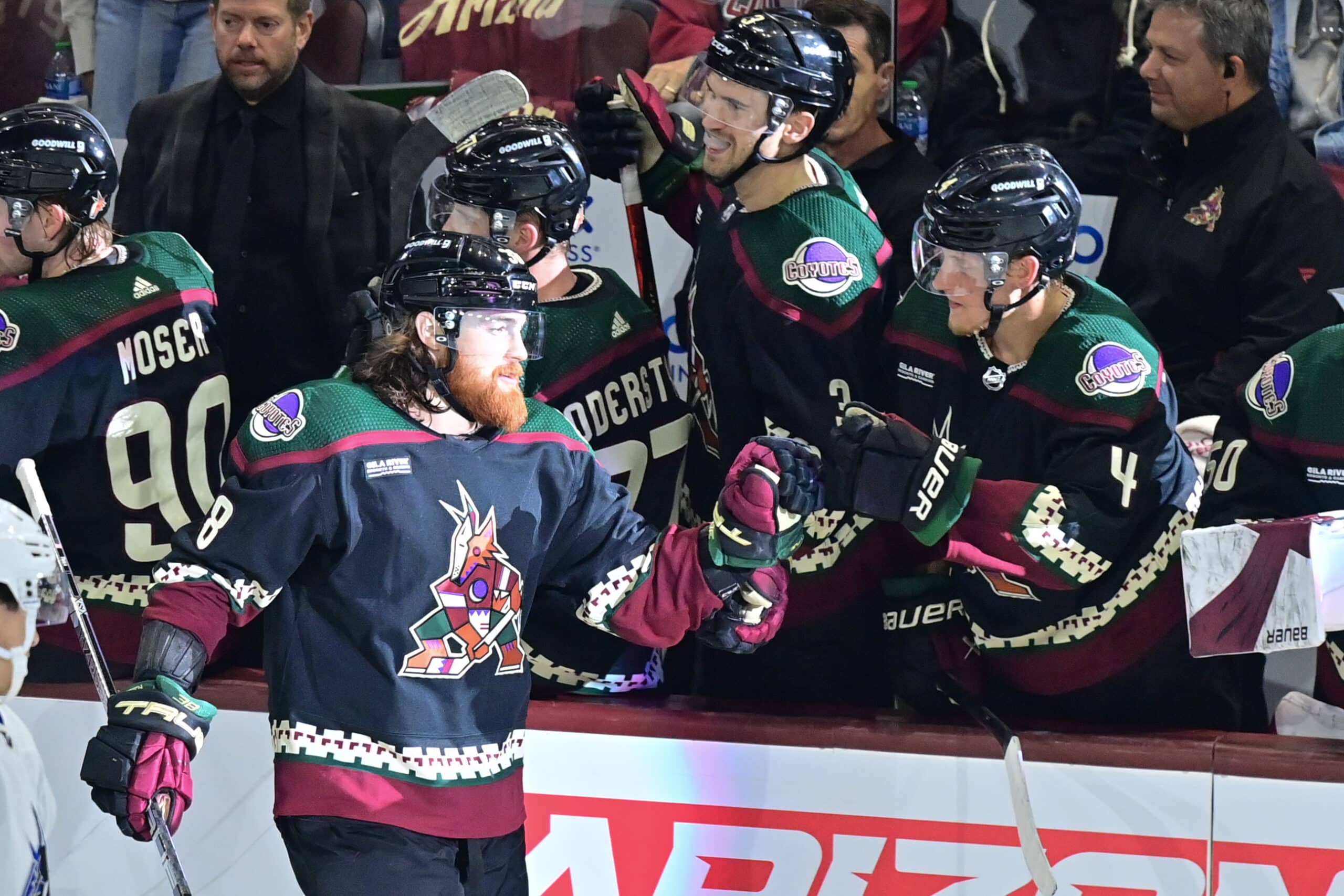 Apr 13, 2023; Tempe, Arizona, USA; Arizona Coyotes center Liam O'Brien (38) celebrates with teammates after scoring a goal in the second period against the Vancouver Canucks at Mullett Arena.