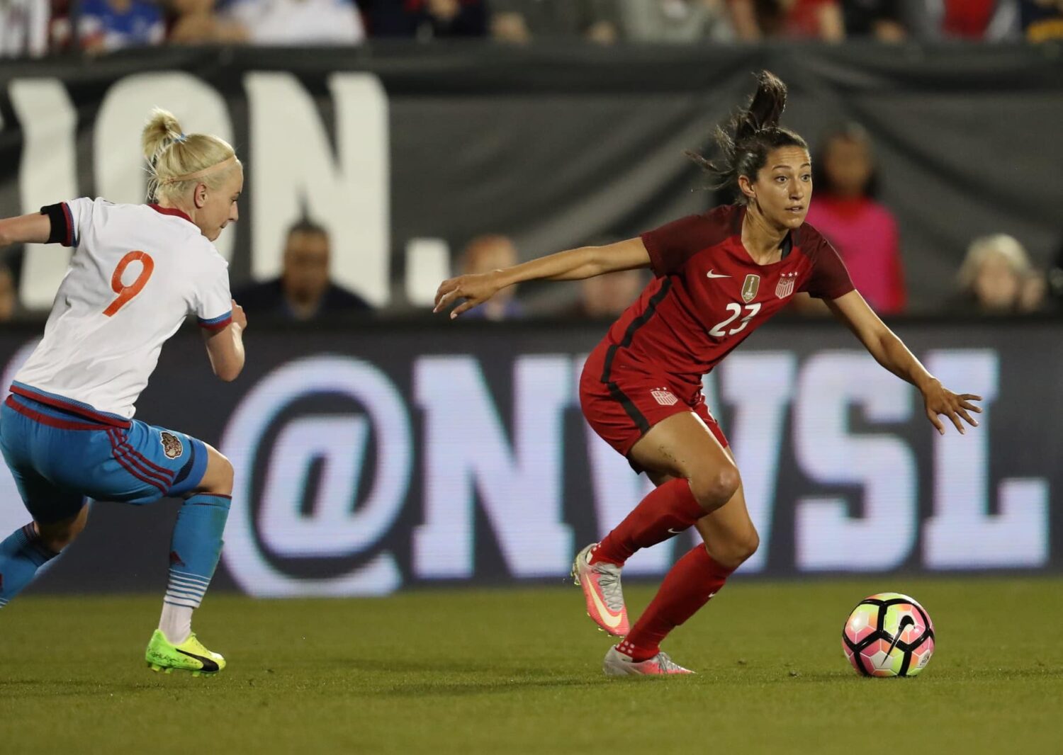 Apr 6, 2017; Frisco, TX, USA; USA forward Christen Press (23) controls the ball in the second half against Russia at Toyota Stadium. US beat Russia 4-0.