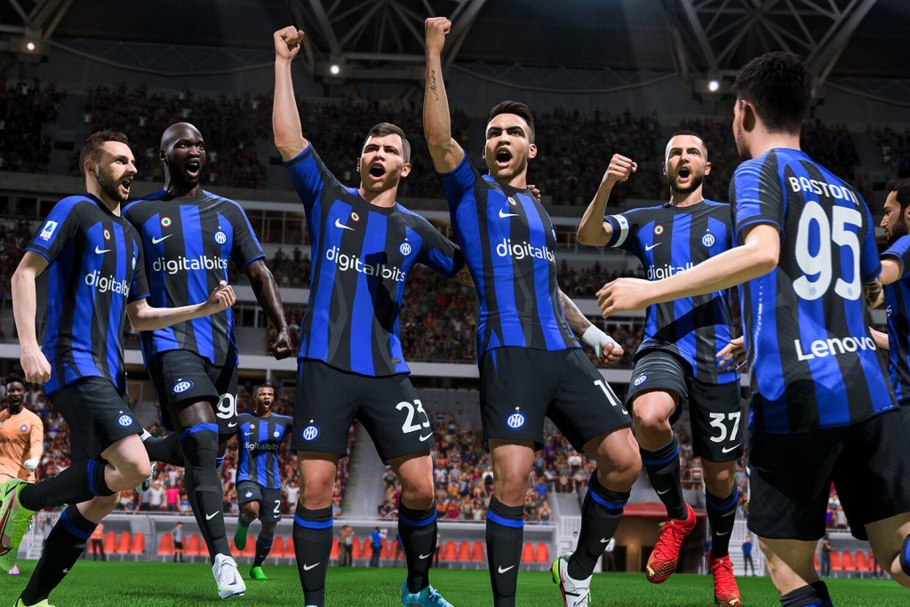 A screenshot from EA Sports FIFA 23 showing Inter Milan celebrating.