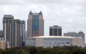 Jan 28, 2018; Orlando, FL, USA; General overall view of the downtown Orlando skyline and Amway Center with the Pro Bowl logo and advertisement on the Sun Trust building.