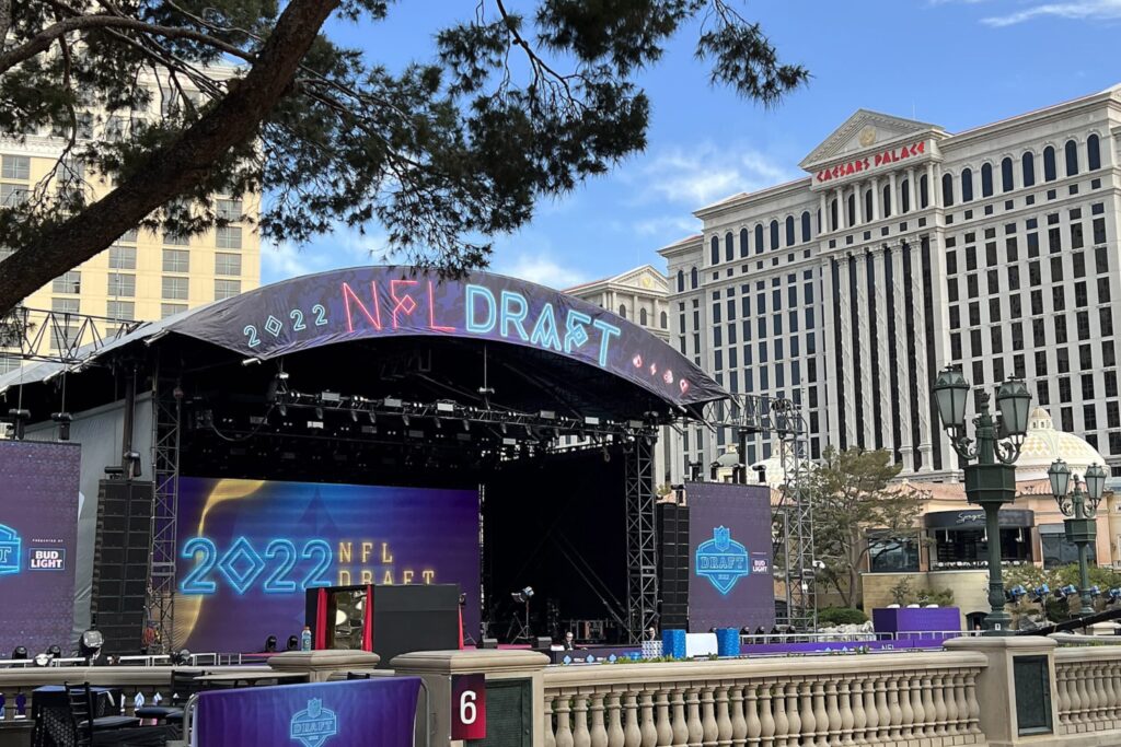A view of the 2022 NFL Draft stage next to Caesars Palace in Las Vegas.