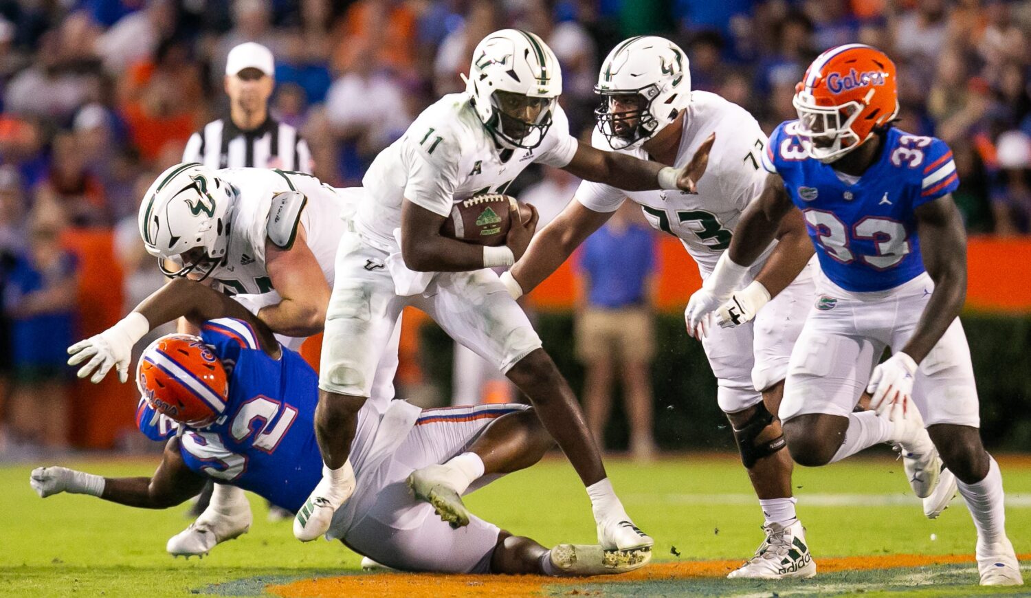 South Florida Bulls quarterback Gerry Bohanon (11) tries to elude Florida Gators in the second half against the Bulls at Steve Spurrier Field at Ben Hill Griffin Stadium in Gainesville, FL on Saturday, September 17, 2022.
