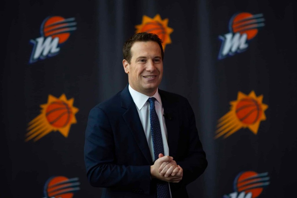 Phoenix, AZ, USA; Phoenix Suns owner Mat Ishbia speaks to the media at an introductory press conference at Footprint Center.