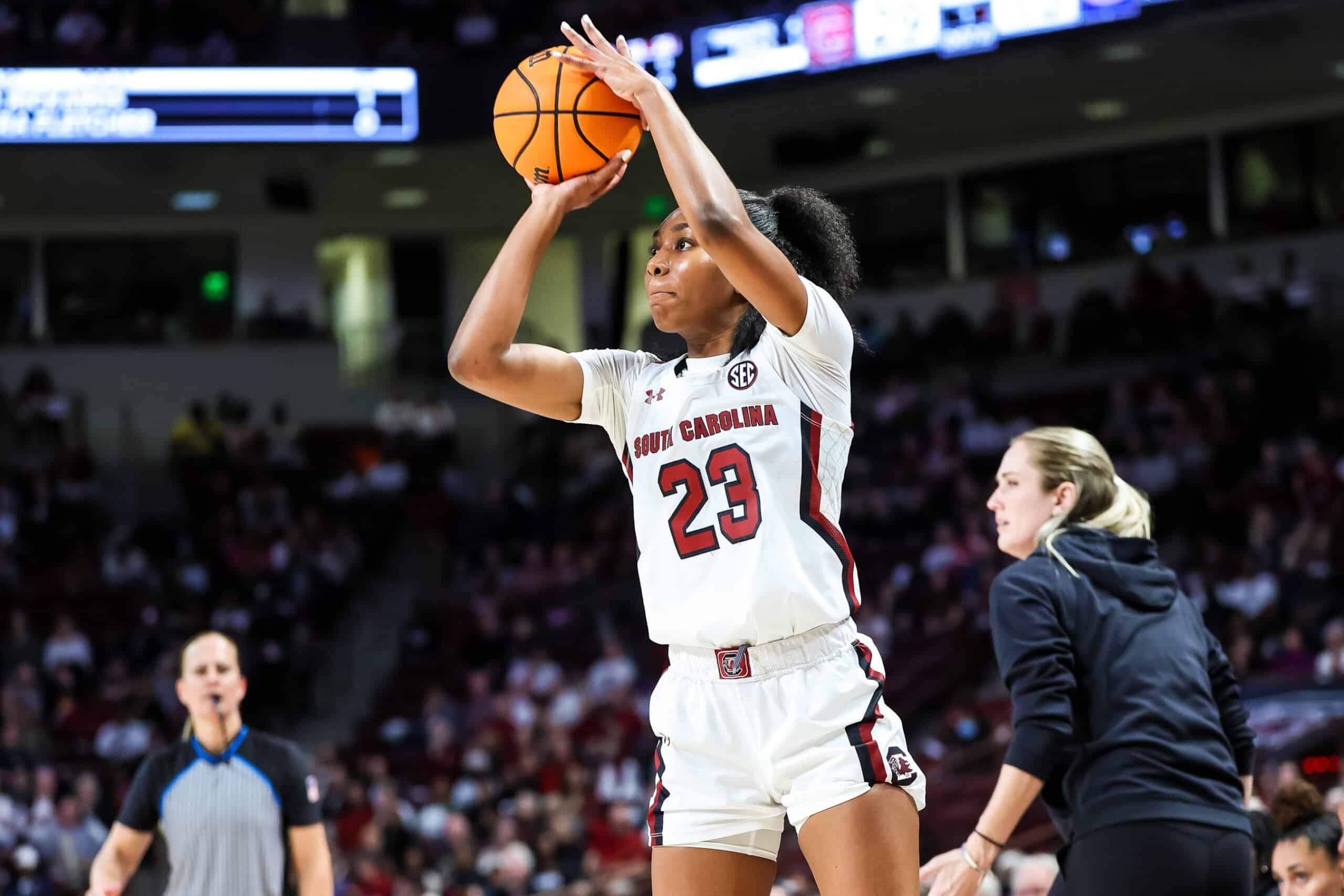 South Carolina Gamecocks guard Bree Hall (23) attempts a three point basket against the Florida Gators in the first half at Colonial Life Arena.