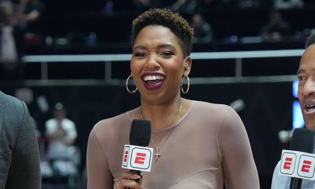 Feb 17, 2023; Salt Lake City, Utah, USA; ESPN broadcasters Richard Jefferson (left), Monica McNutt (center) and Mark Jones during the NBA All-Star Celebrity Game at Huntsman Center.