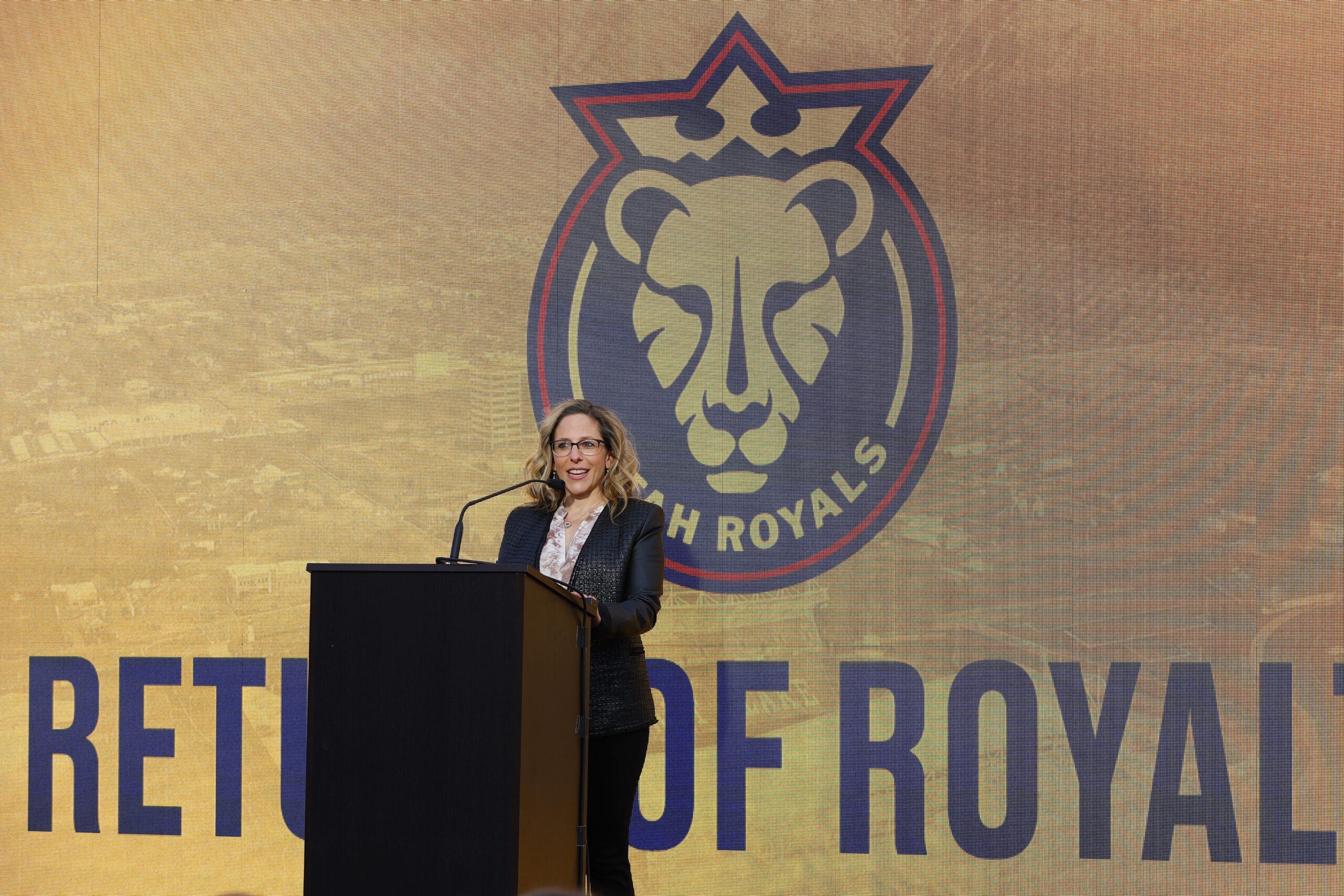 Mar 11, 2023; Sandy, Utah, USA; NWSL Commissioner Jessica Berman addresses the media about the Utah Royals FC professional womenÕs soccer club returning to Utah under the ownership group of Ryan Smith, Real Salt Lake owner at America First Field.
