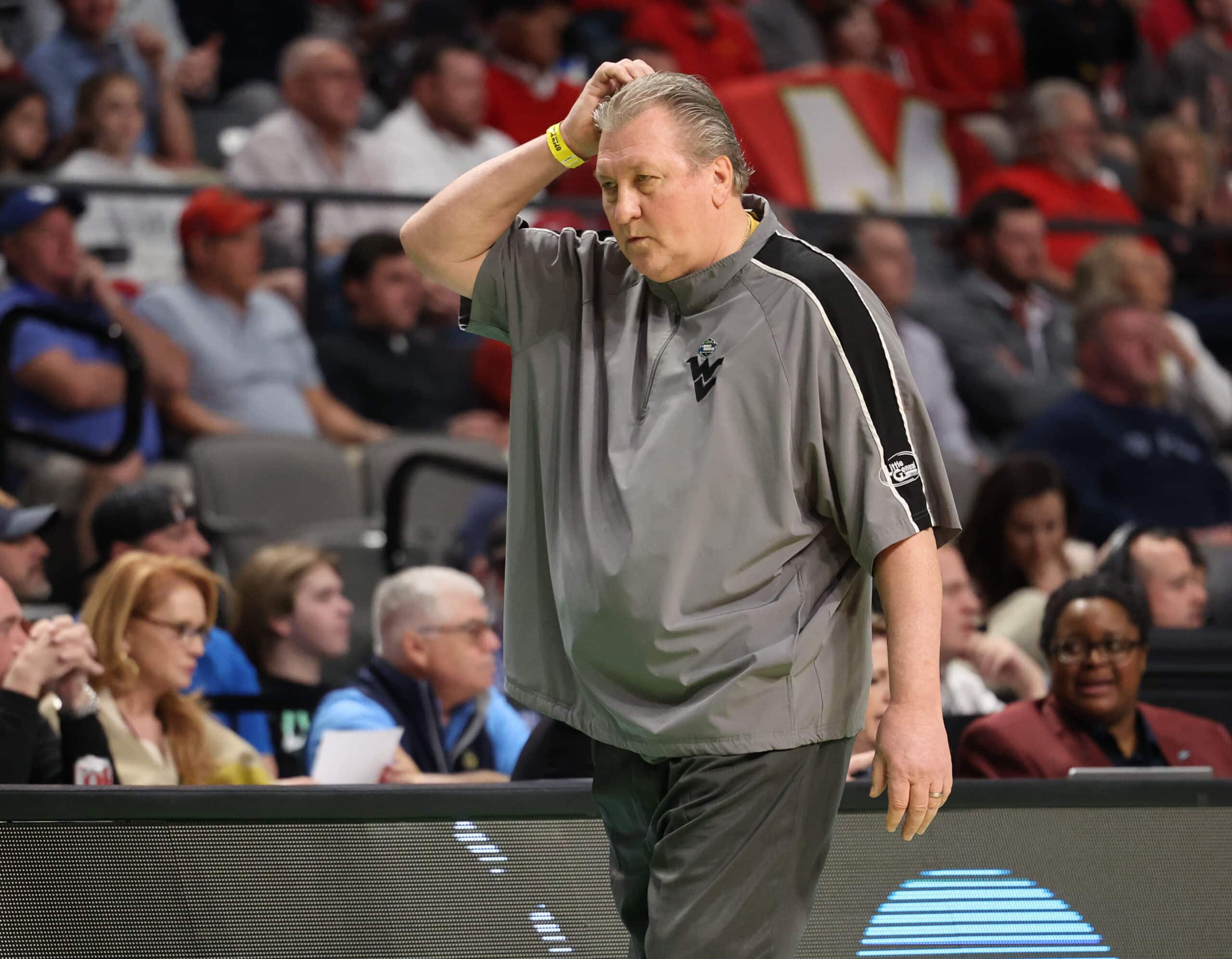 Mar 16, 2023; Birmingham, AL, USA; West Virginia Mountaineers head coach Bob Huggins reacts against the Maryland Terrapins during the first half in the first round of the 2023 NCAA Tournament at Legacy Arena.