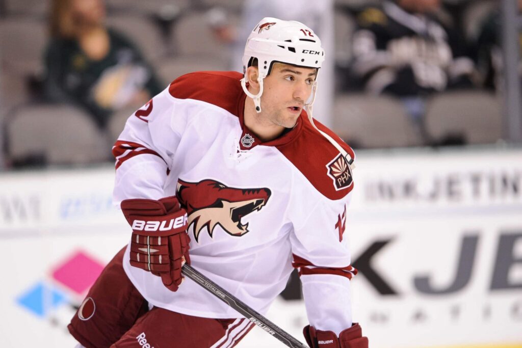 Paul Bissonnette skating during warmups with the Coyotes in 2012.