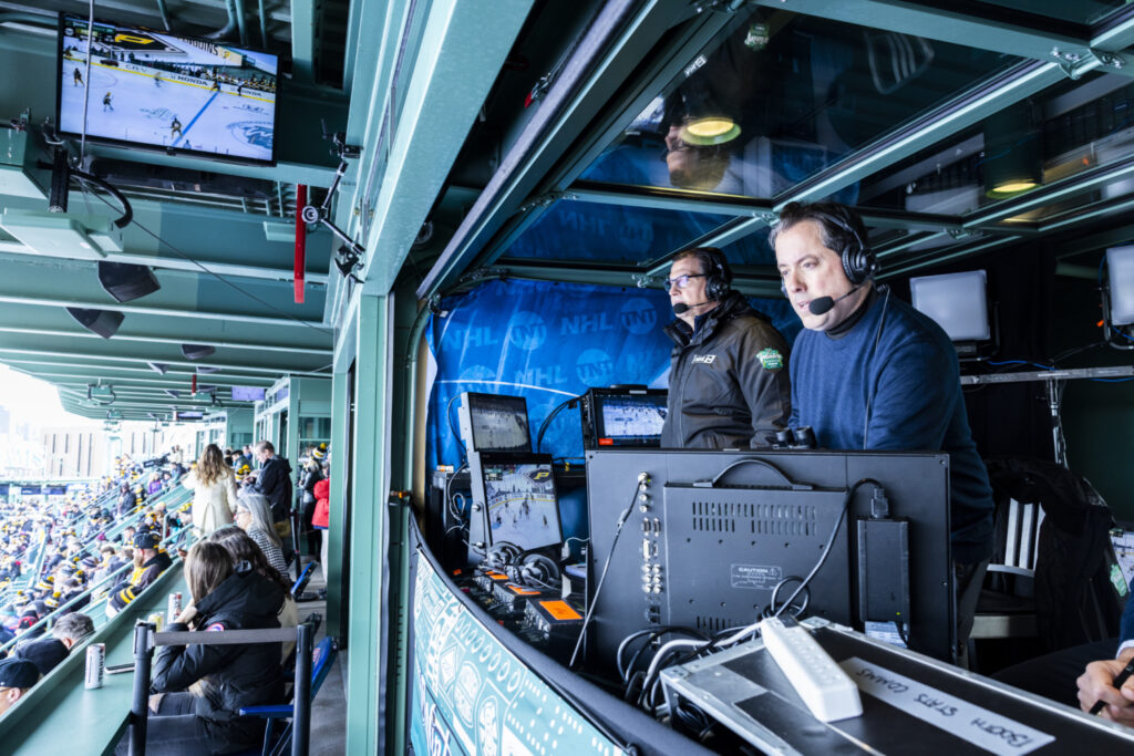 Eddie Olczyk and Kenny Albert calling the 2023 NHL Winter Classic between the Pittsburgh Penguins and the Boston Bruins at Fenway Park in Boston, MA.