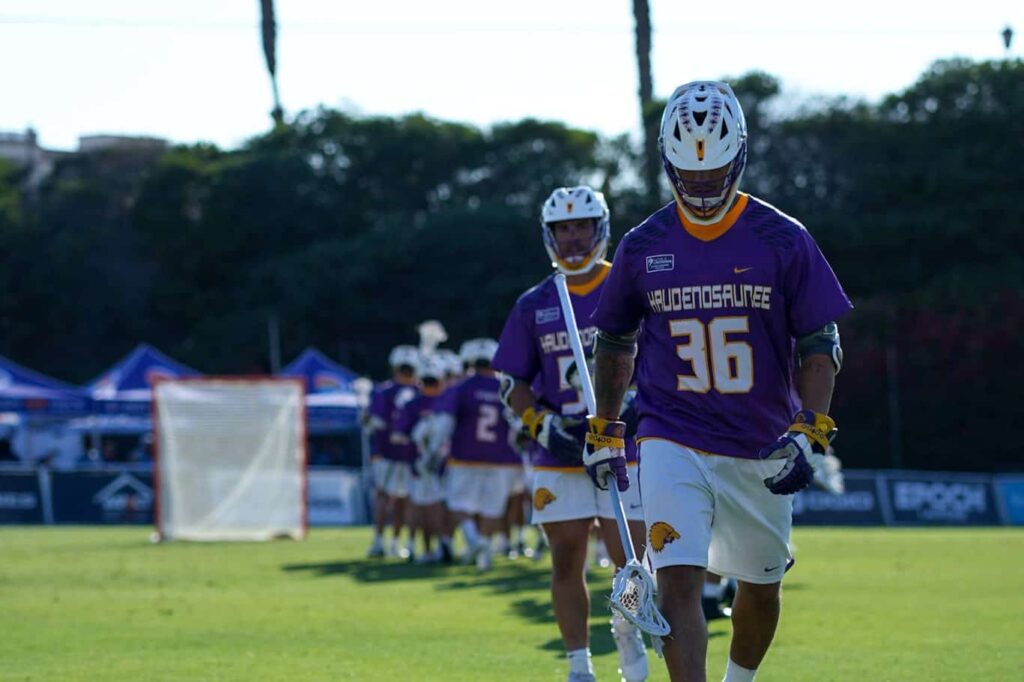 A view of a Haudenosaunee Nationals player during a game at the World Lacrosse Men's Championship.