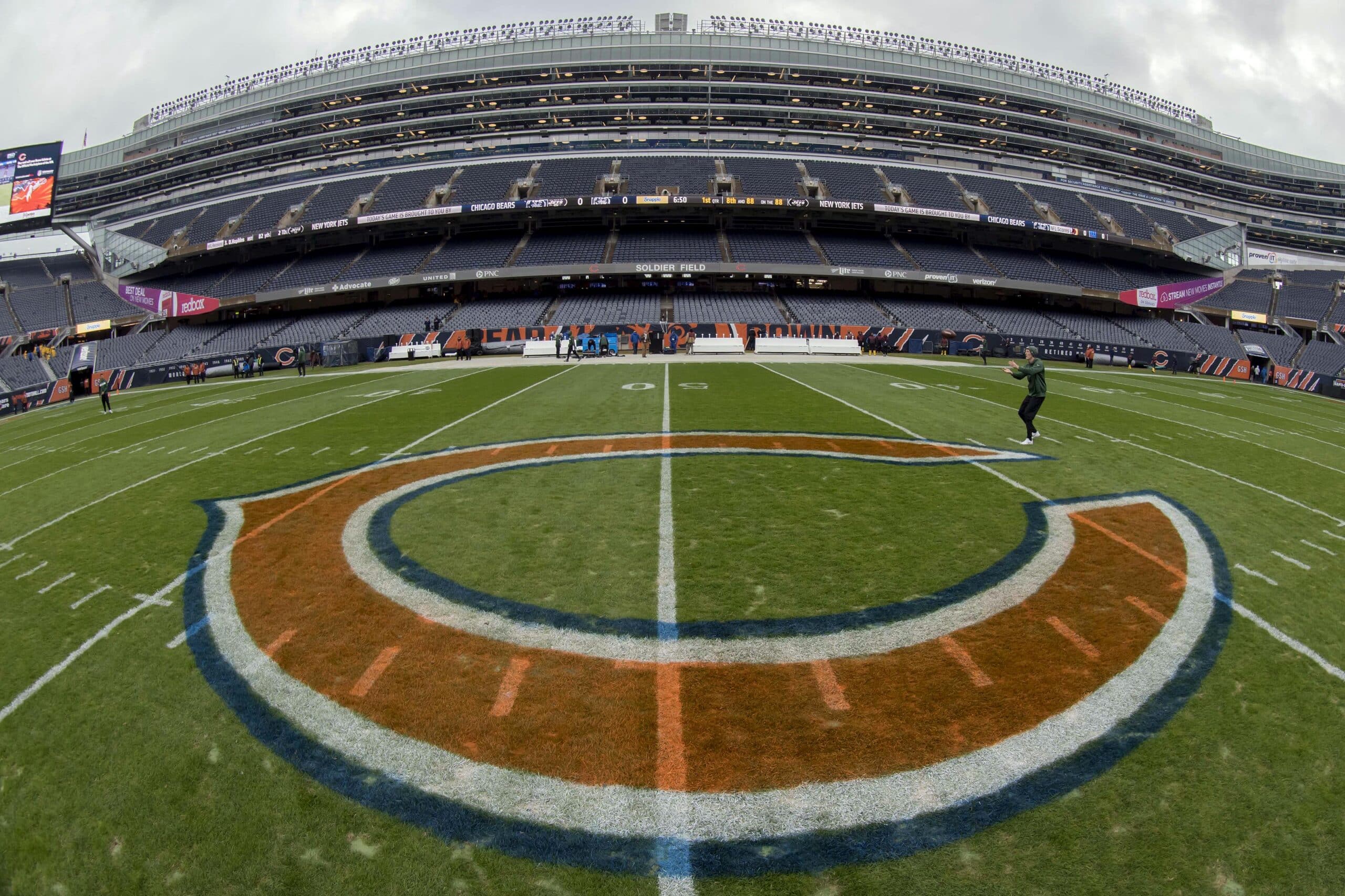 The Chicago Bears logo is seen prior to a game against the New York Jets at Soldier Field.
