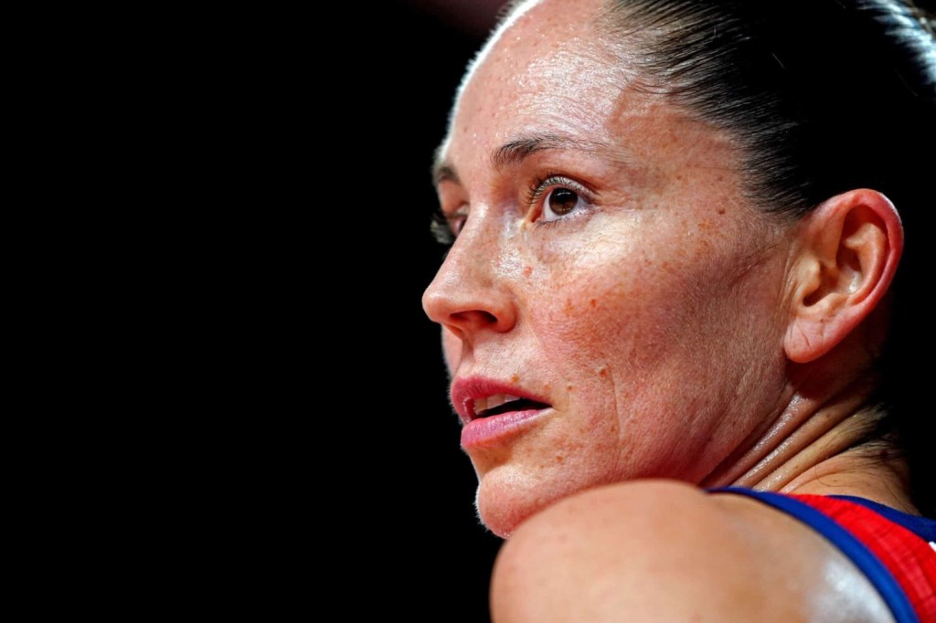 Team United States guard Sue Bird (6) looks on against Serbia in the women's basketball semifinal during the Tokyo 2020 Olympic Summer Games at Saitama Super Arena.