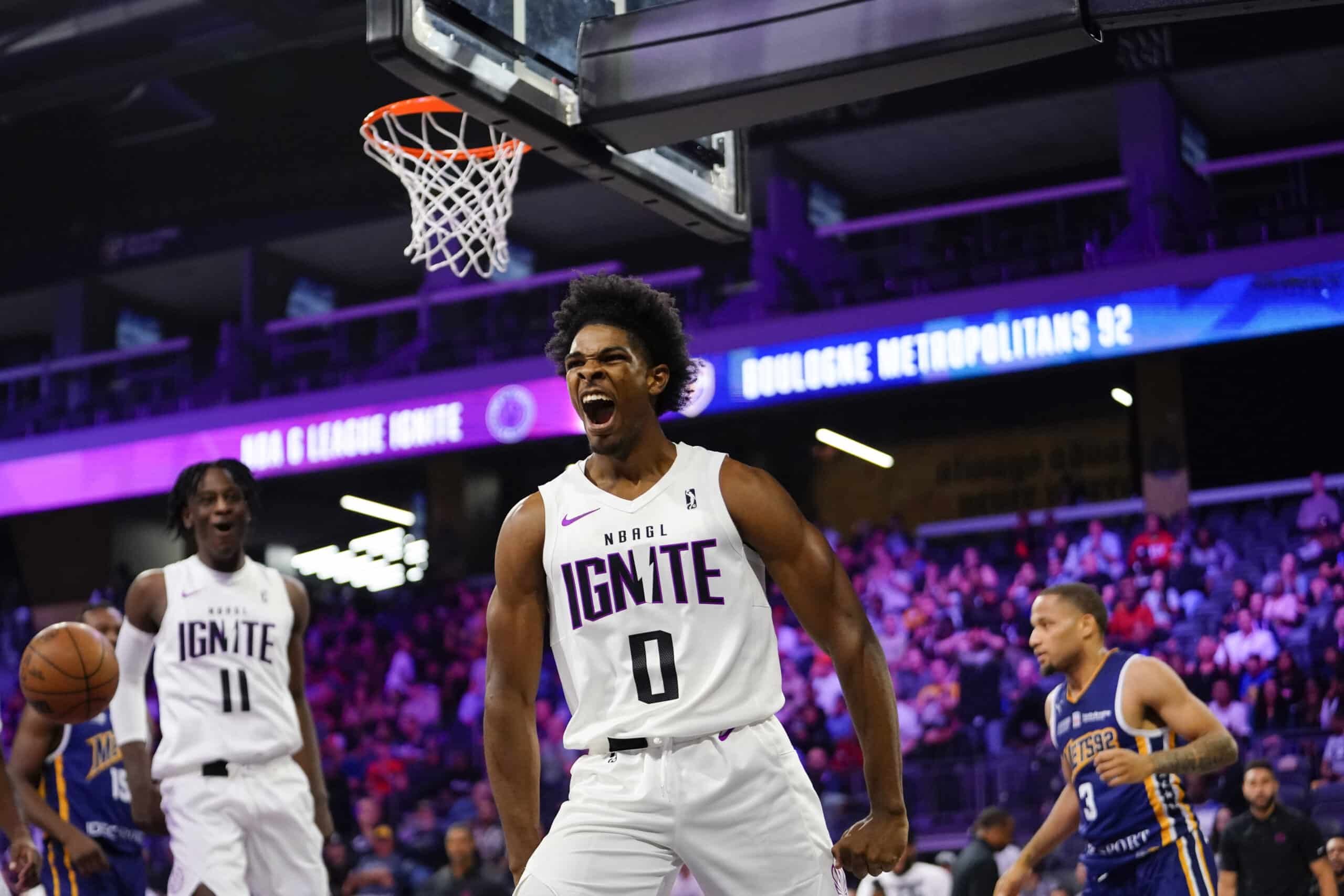 Oct 4, 2022; Henderson, NV, USA; NBA G League Ignite guard Scoot Henderson (0) reacts after scoring a layup during the second quarter against the Boulogne-Levallois Metropolitans 92 at The Dollar Loan Center.