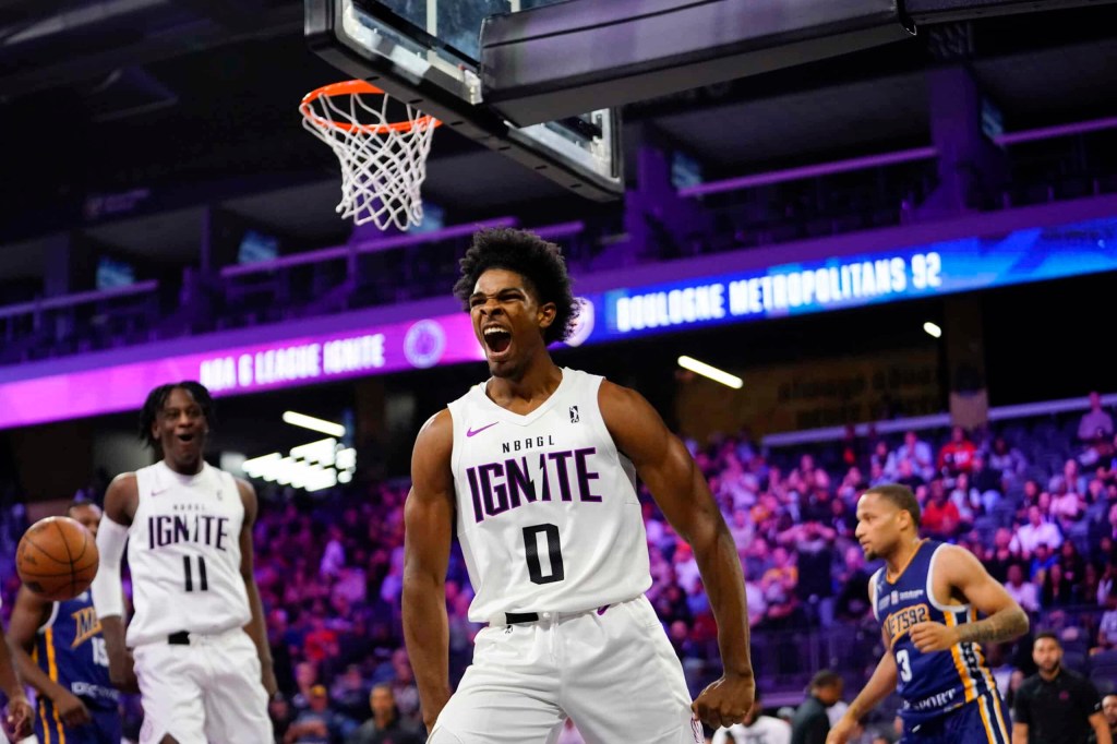 Oct 4, 2022; Henderson, NV, USA; NBA G League Ignite guard Scoot Henderson (0) reacts after scoring a layup during the second quarter against the Boulogne-Levallois Metropolitans 92 at The Dollar Loan Center.