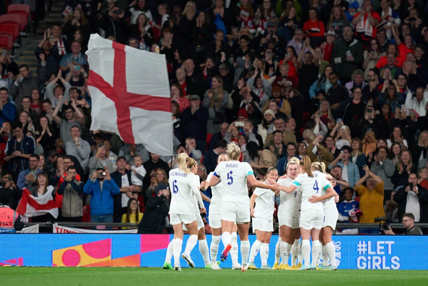 England celebrate their second goal in a friendly match with the United States at Wembley Stadium.