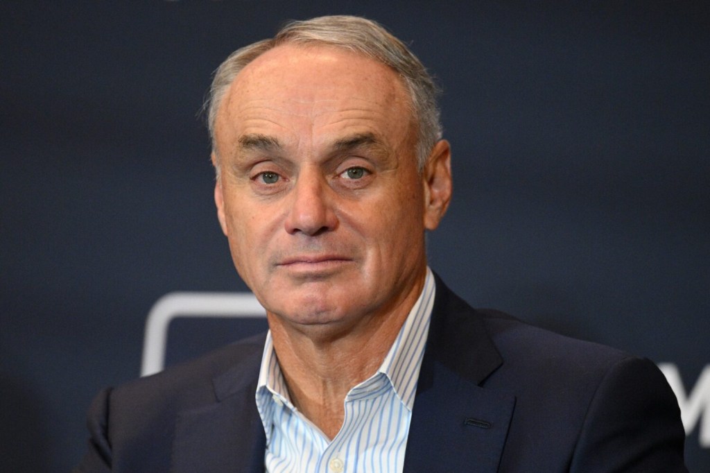 MLB commissioner Rob Manfred looks on during the presentation of the Allan H. Selling Award for philanthropic excellence during the 2022 MLB Winter Meetings at Manchester Grand Hyatt.