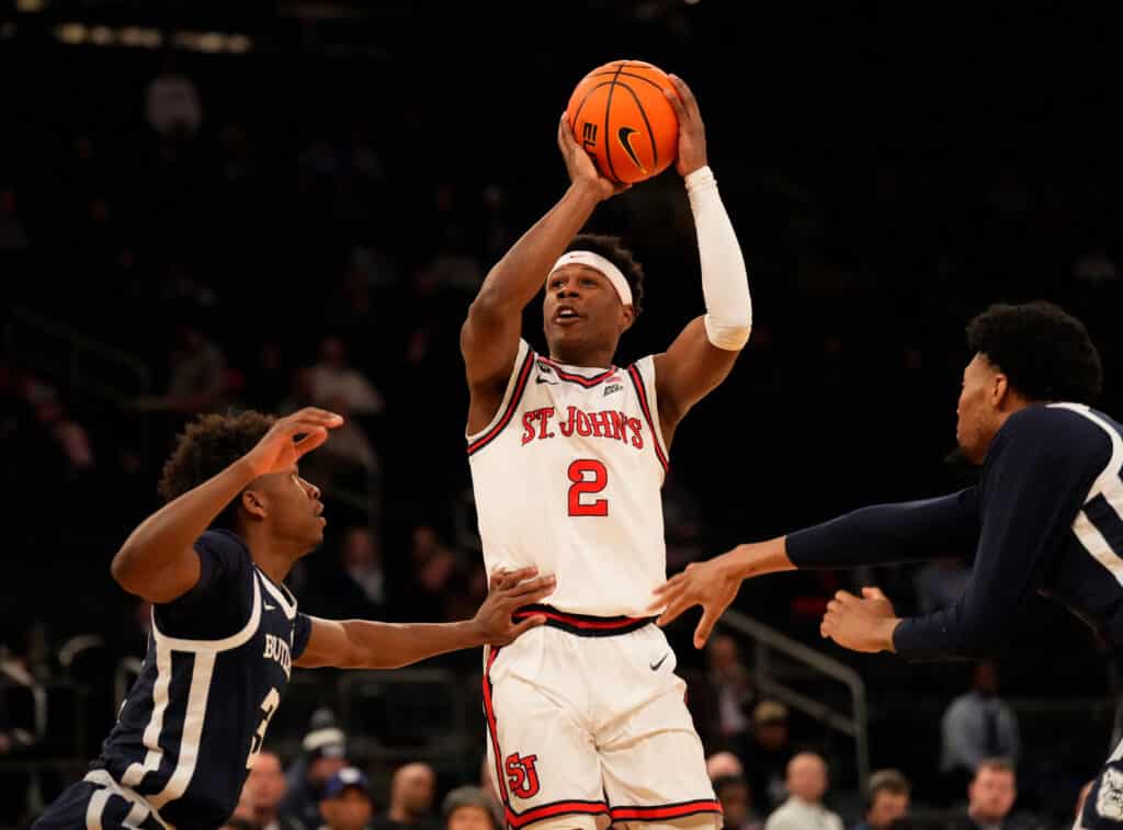 Mar 8, 2023; New York, NY, USA; St. John's Red Storm guard AJ Storr (2) shoots in the first half at Madison Square Garden.