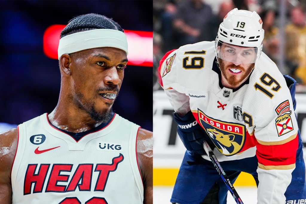 A side-by-side image of the Miami Heat's Jimmy Butler and the Florida Panther's Matthew Tkachuk.