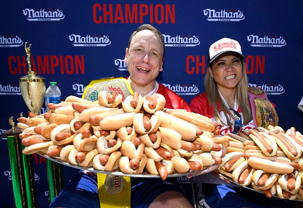 Nathan's 2022 champs Joey Chestnut and Miki Sudo