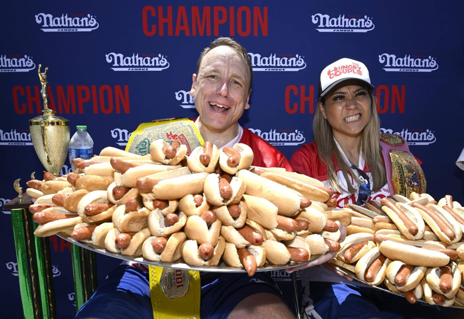 Nathan's 2022 champs Joey Chestnut and Miki Sudo
