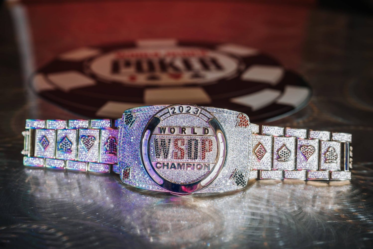 A view of the 2023 World Series of Poker Main Event bracelet.