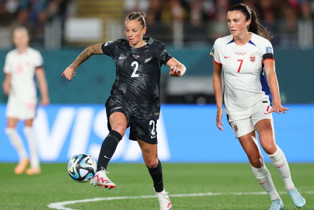 A New Zealand player controls the ball against Norway in the first match of the 2023 Women's World Cup.