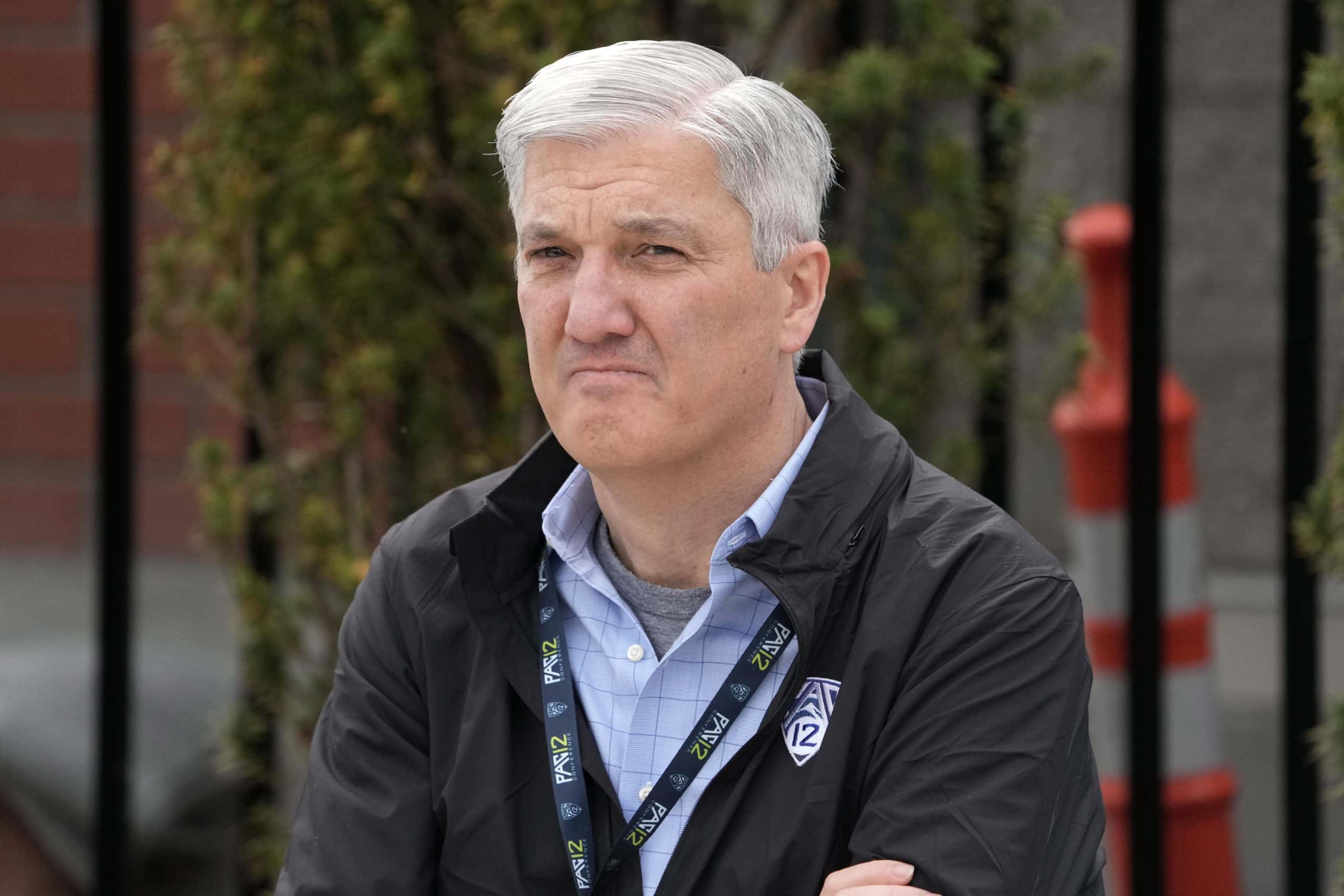 May 14, 2022; Eugene, Oregon, USA; Pac-12 commissioner George Kliavkoff looks on during the Pac-12 Track and Field Championships at Hayward Field.