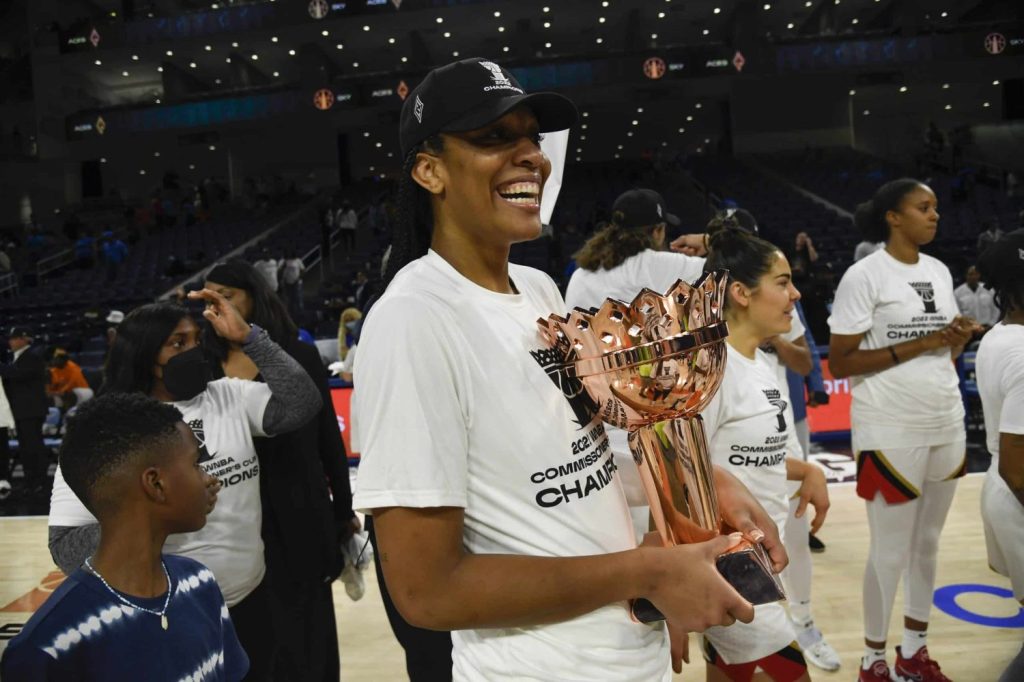 Las Vegas Aces forward A'ja Wilson with the trophy after they won the Commissioners Cup-Championships with a victory over the Chicago Sky.