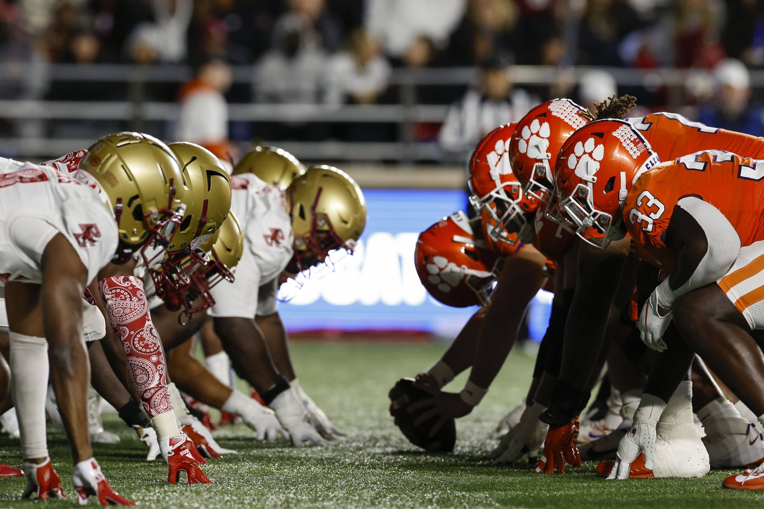 Oct 8, 2022; Chestnut Hill, Massachusetts, USA; ACC teams the Clemson Tigers and the Boston College Eagles line up for the snap at the line of scrimmage during the second quarter at Alumni Stadium.