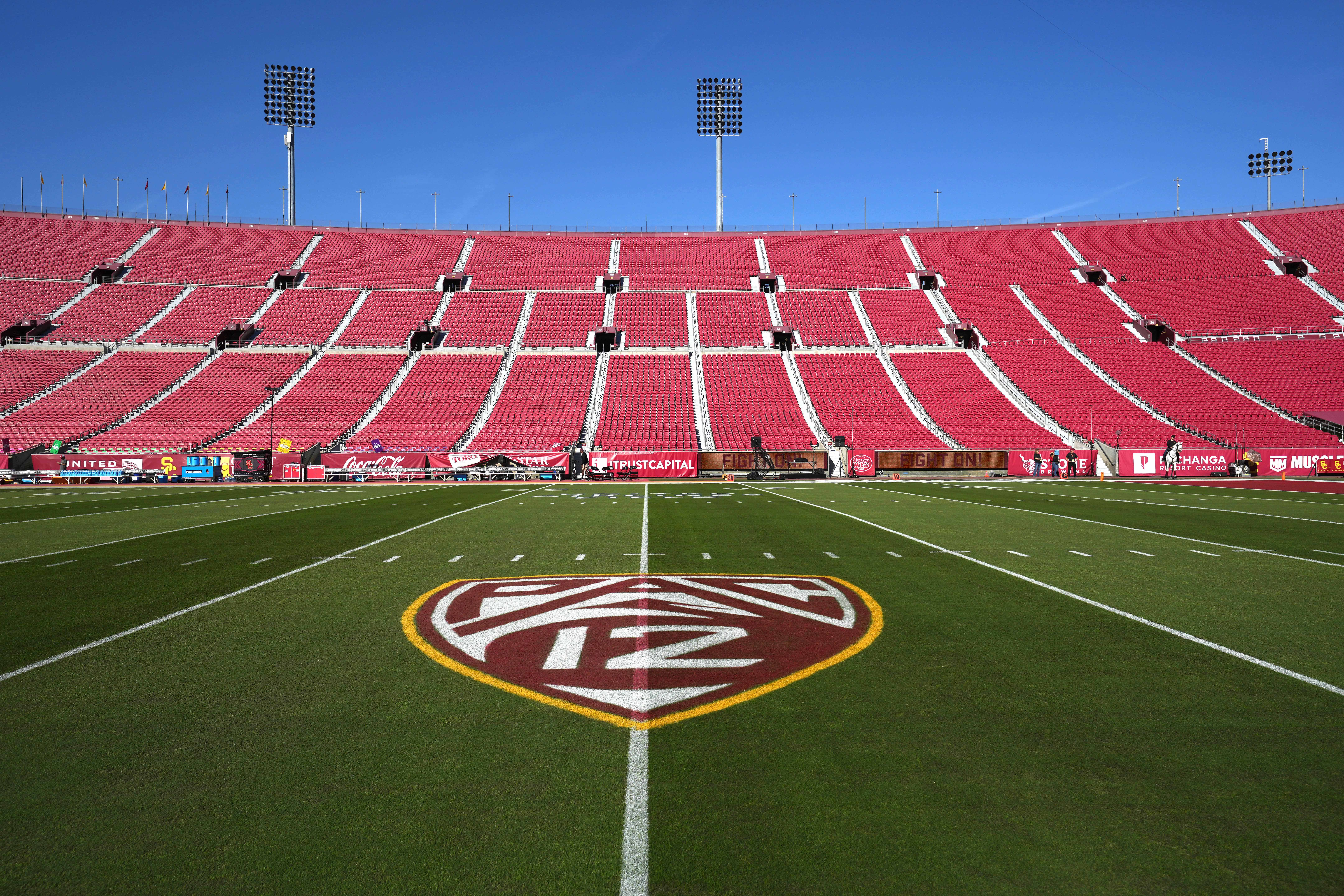 Nov 26, 2022; Los Angeles, California, USA; The Pac-12 Conference logo at United Airlines Field at Los Angeles Memorial Coliseum.